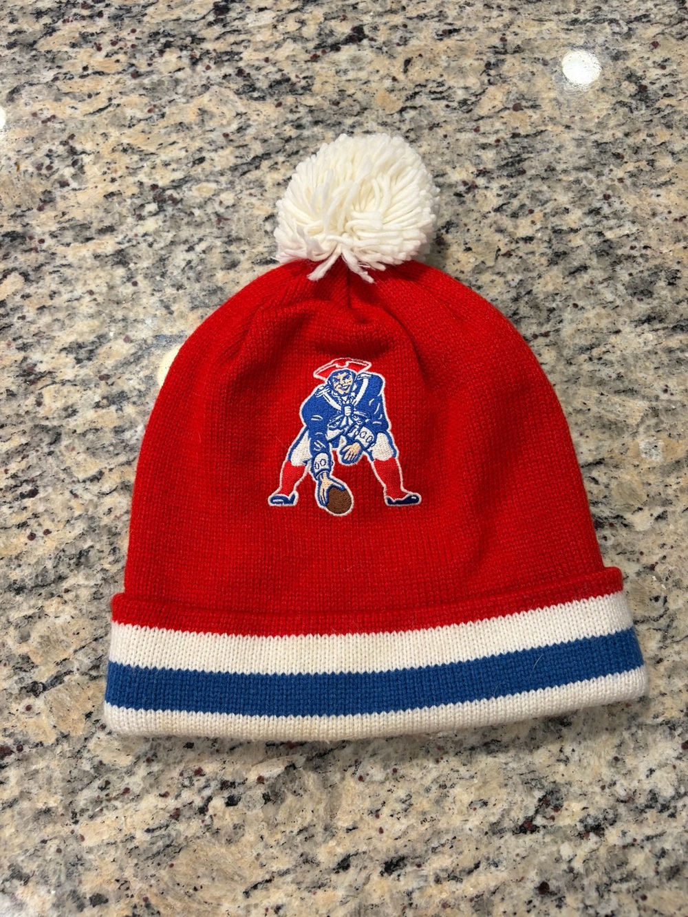 New England Patriots Red Pom Beanie Hat with Blue & White Stripes